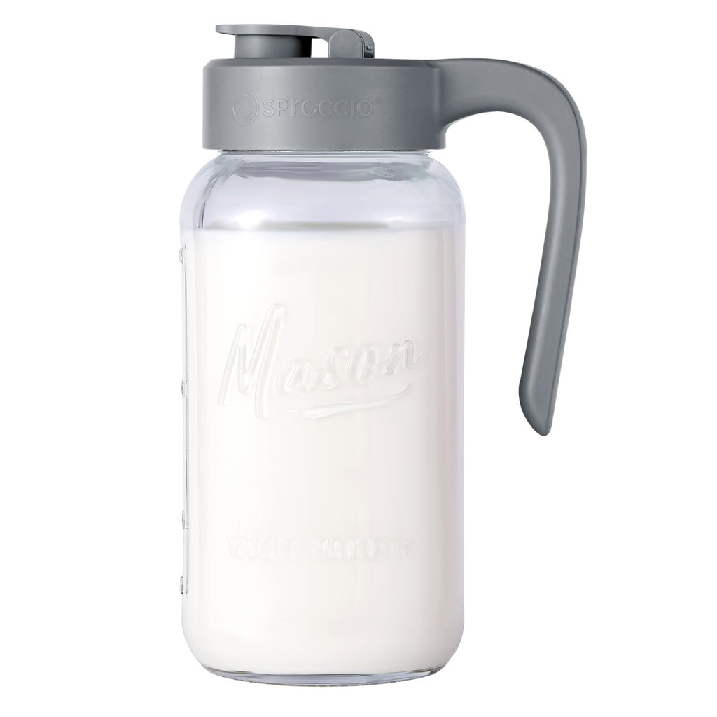 Mason Jar Pitcher - Airtight & Leakproof Glass Pitcher with Lid, Perfect for Breastmilk, Cold Brew, and Sun Tea, 2 Quart (64 oz) Mason Jar with Pour Spout Lid