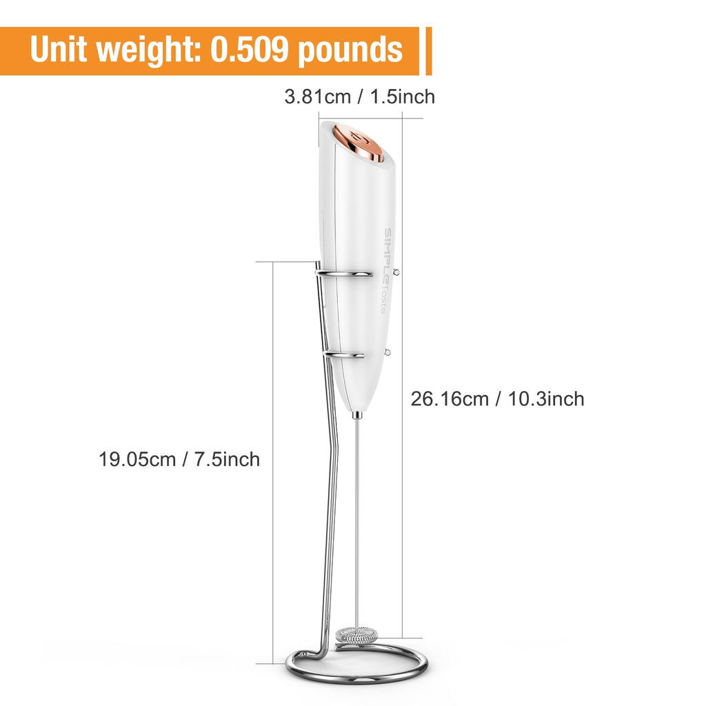 SIMPLETASTE Milk Frother Handheld Electric Foam Maker, Drink Mixer with Stainless Steel Whisk for Cappuccino, Bulletproof Coffee, Latte, Gray, with Stand, Battery Operated