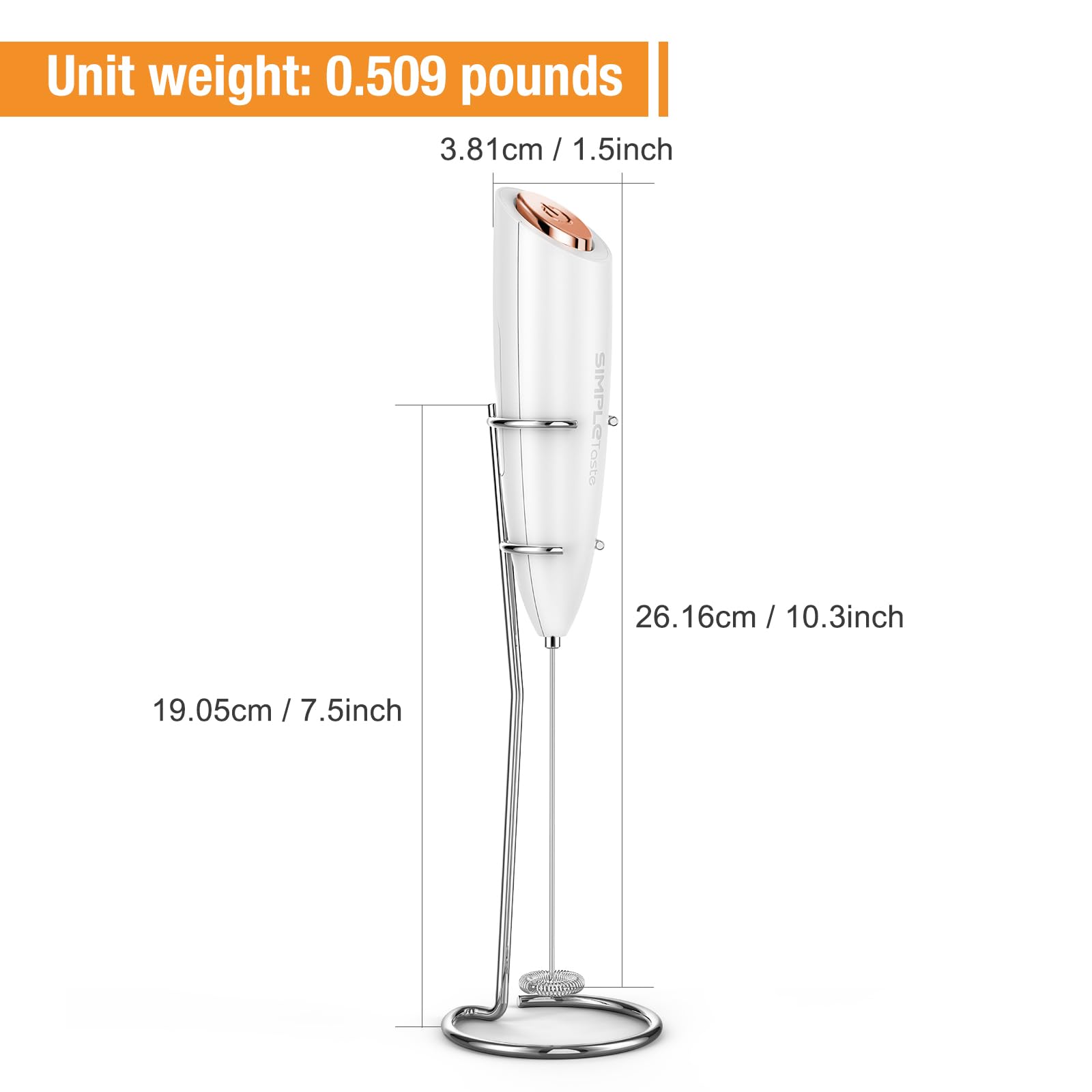 SIMPLETASTE Milk Frother Handheld Electric Foam Maker, Drink Mixer with Stainless Steel Whisk for Cappuccino, Bulletproof Coffee, Latte, Gray, with Stand, Battery Operated