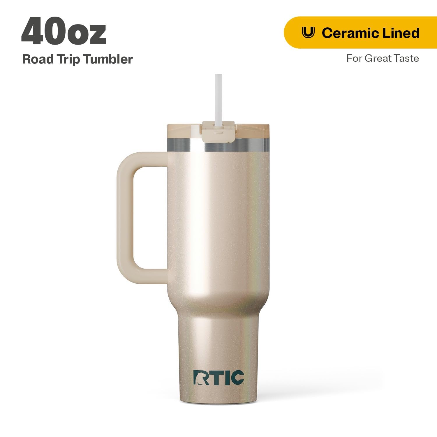 RTIC 40 oz Road Trip Tumbler Double-Walled Cermaic Lined Insulated Stainless Steel Portable Travel Coffee Mug Cup with Lid, Handle and Straw, Trailblazer
