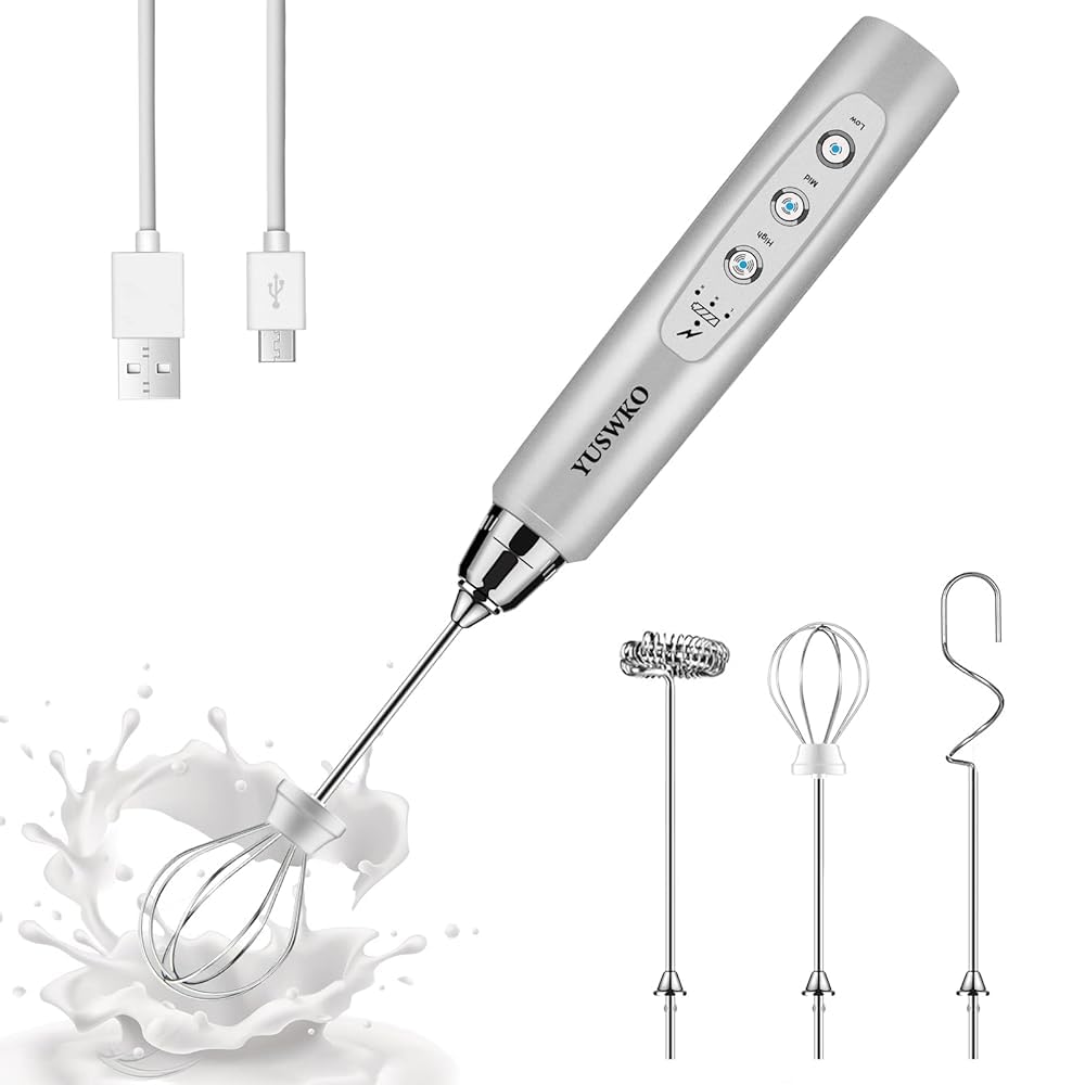 YUSWKO Black Handheld Milk Frother Wand for Coffee, Rechargeable Electric Whisk with 3 Heads 3 Speeds Drink Mixer Coffee Frother For Latte, Cappuccino, Hot Chocolate, Egg