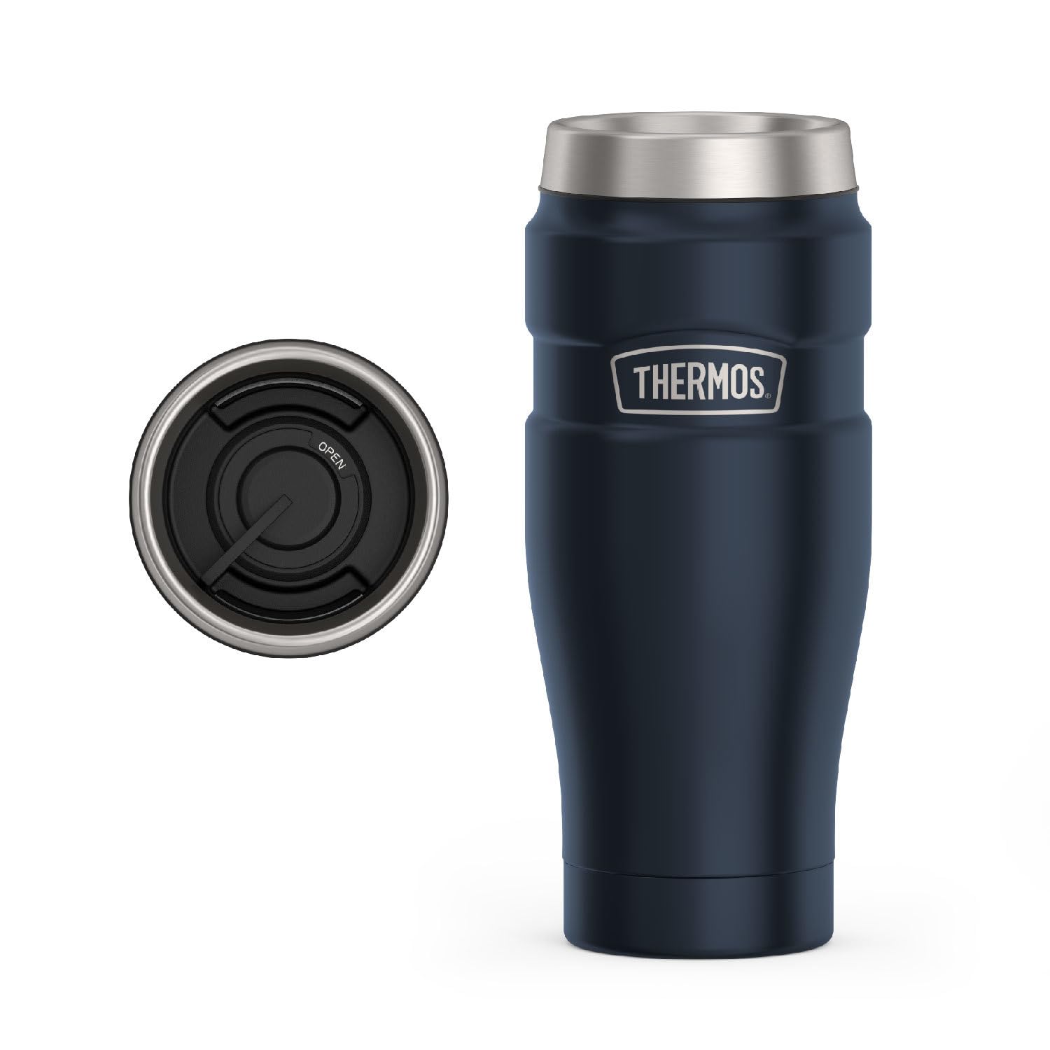 THERMOS Stainless King Vacuum-Insulated Travel Mug with Handle - 16oz, Midnight Blue - Thermos Tumbler for Hot & Cold Drinks - Leak & Sweat-Proof Stainless Steel Coffee Mug with Lid for Commuting