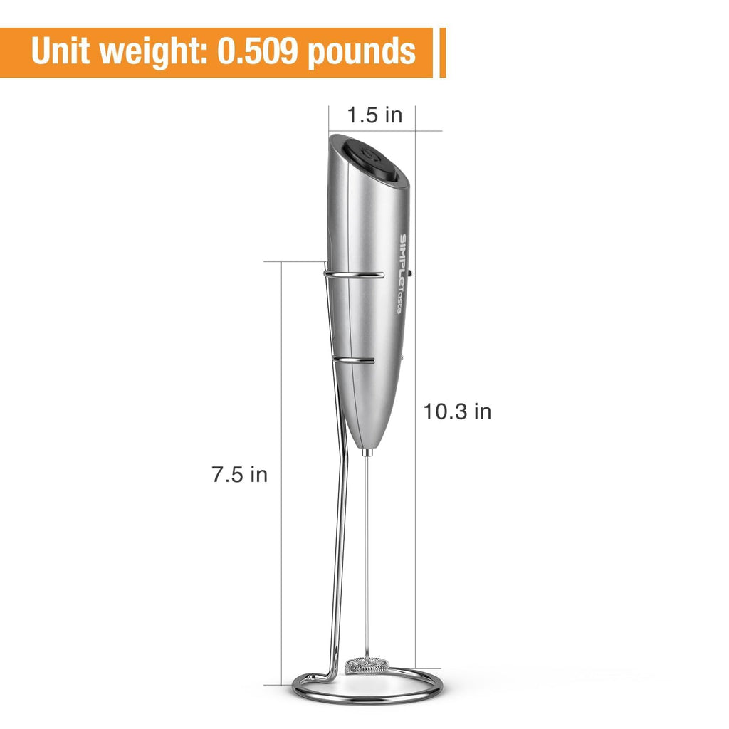 SIMPLETASTE Milk Frother Handheld Electric Foam Maker, Drink Mixer with Stainless Steel Whisk for Cappuccino, Bulletproof Coffee, Latte, Gray, with Stand, Battery Operated