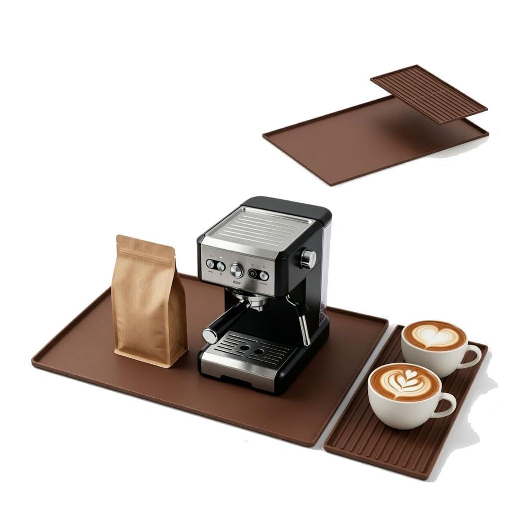 Silicone Coffee Bar Mat 24 x 16 in with Drying Tray, Classic Black | 24 x 16 in food-grade silicone mat for home/coffee bar; removable tray, raised rim, smooth base adds grip, heat insulation