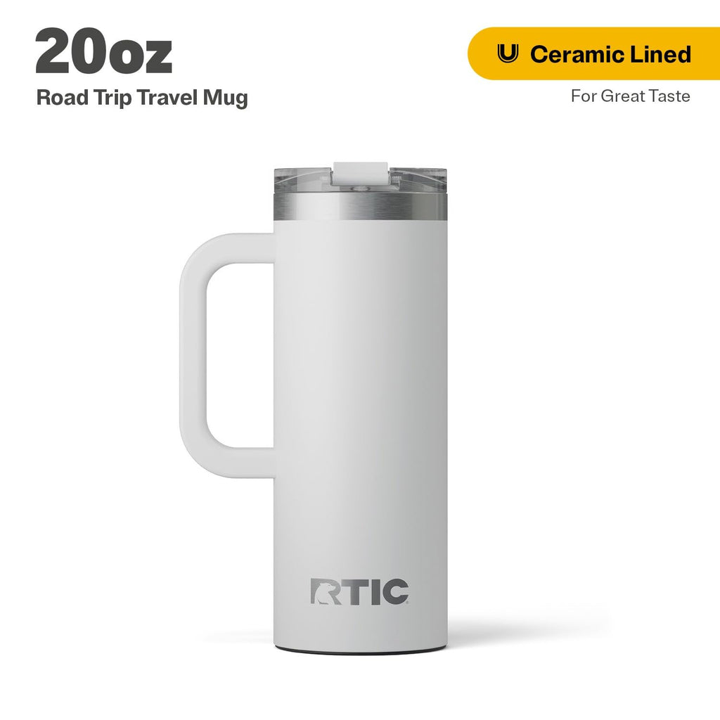 RTIC 20oz Road Trip Travel Mug with Lid and Handle, Ceramic Lined, Insulated, Stainless Steel, Metal, Double Wall Vacuum-Insulation, Portable Coffee, Tea Cup for Hot and Cold Drink, Black