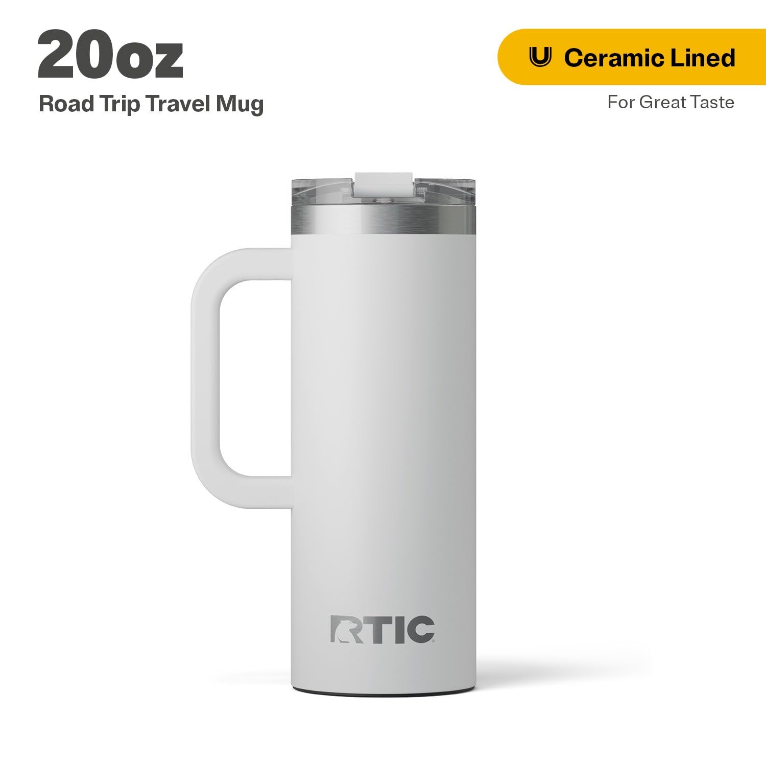 RTIC 20oz Road Trip Travel Mug with Lid and Handle, Ceramic Lined, Insulated, Stainless Steel, Metal, Double Wall Vacuum-Insulation, Portable Coffee, Tea Cup for Hot and Cold Drink, Black