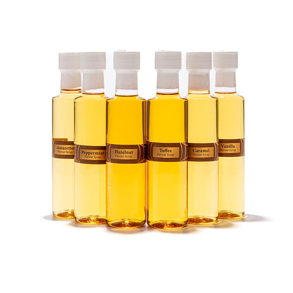Premium Coffee Syrup Gift - Set 6 x 75ml Assorted Flavoured Syrup For Coffee Including Vanilla Caramel Toffee Hazelnut Amaretto Peppermint Coffee Lover Gift sets