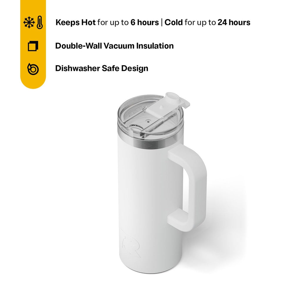 RTIC 20oz Road Trip Travel Mug with Lid and Handle, Ceramic Lined, Insulated, Stainless Steel, Metal, Double Wall Vacuum-Insulation, Portable Coffee, Tea Cup for Hot and Cold Drink, Black