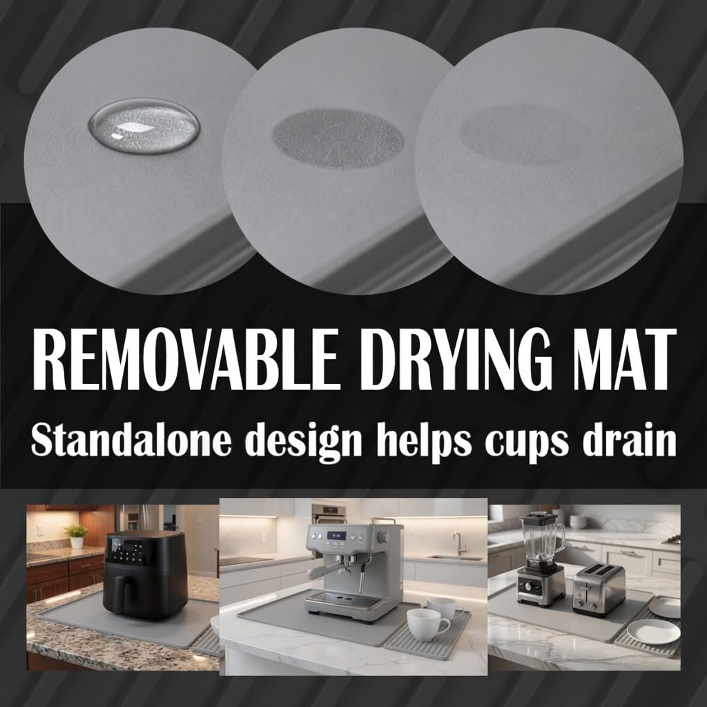 Silicone Coffee Bar Mat 24 x 16 in with Drying Tray, Classic Black | 24 x 16 in food-grade silicone mat for home/coffee bar; removable tray, raised rim, smooth base adds grip, heat insulation