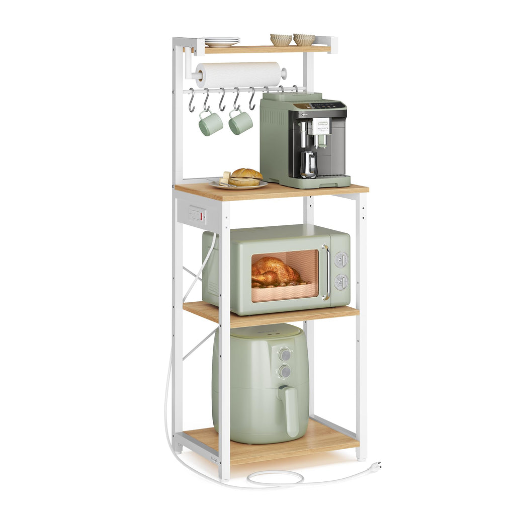 VASAGLE BARNET Collection - Kitchen Bakers Rack with Power Outlet, 31.5-Inch Wide Coffee Bar 4-Tier with 8 S Hooks, Modern Microwave Stand, Adjustable Shelf, Rustic Brown and Ink Black UKKS029KD01