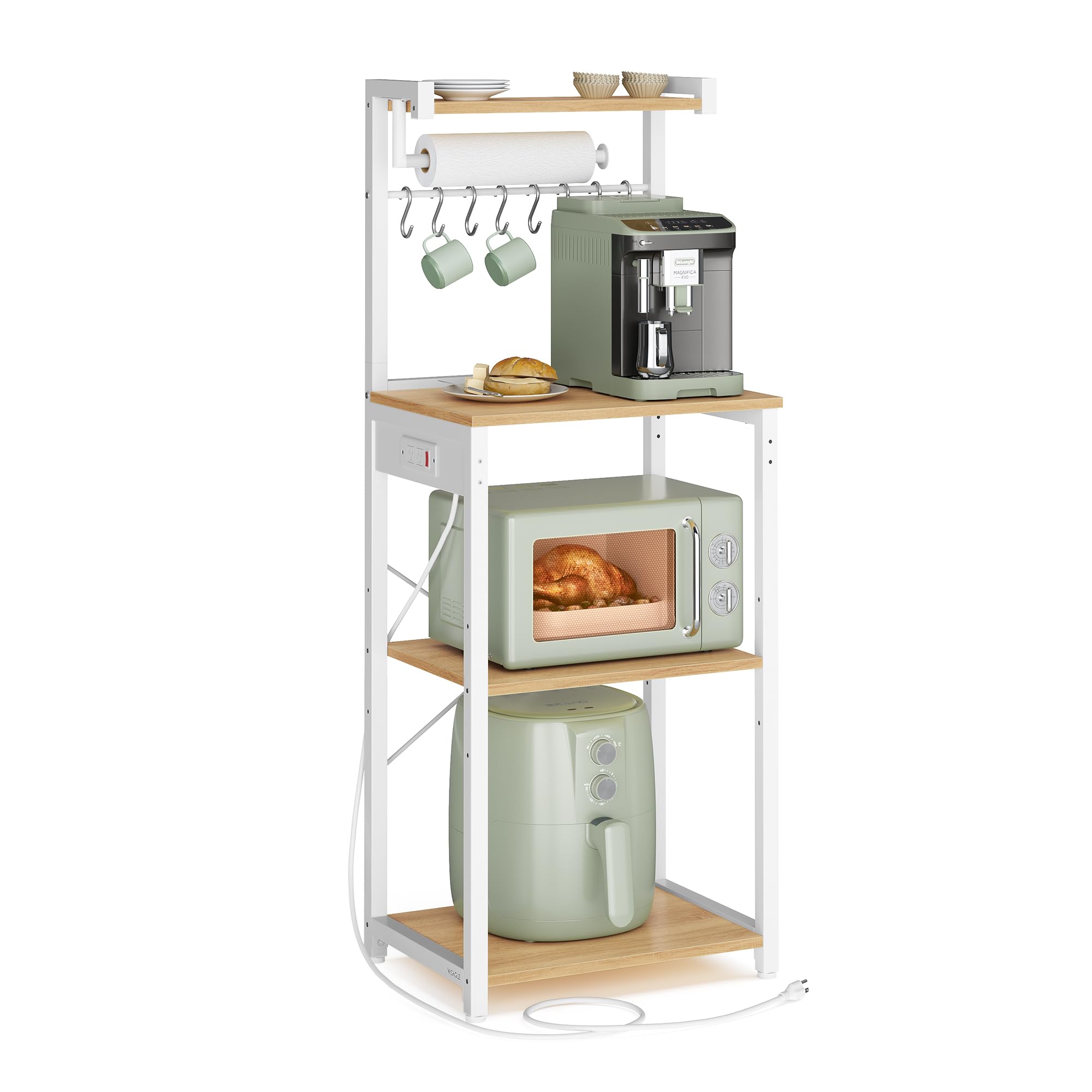 VASAGLE BARNET Collection - Kitchen Bakers Rack with Power Outlet, 31.5-Inch Wide Coffee Bar 4-Tier with 8 S Hooks, Modern Microwave Stand, Adjustable Shelf, Rustic Brown and Ink Black UKKS029KD01