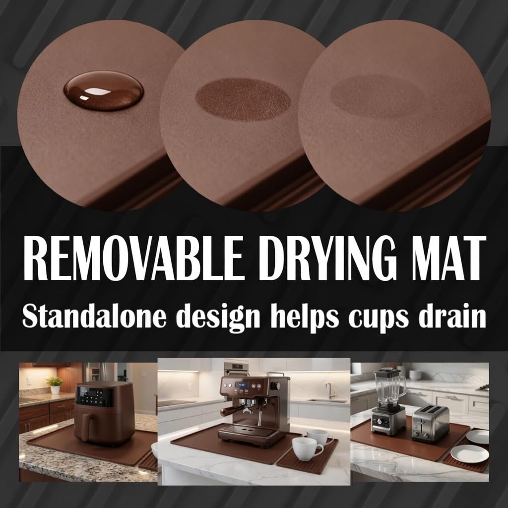 Silicone Coffee Bar Mat 24 x 16 in with Drying Tray, Classic Black | 24 x 16 in food-grade silicone mat for home/coffee bar; removable tray, raised rim, smooth base adds grip, heat insulation