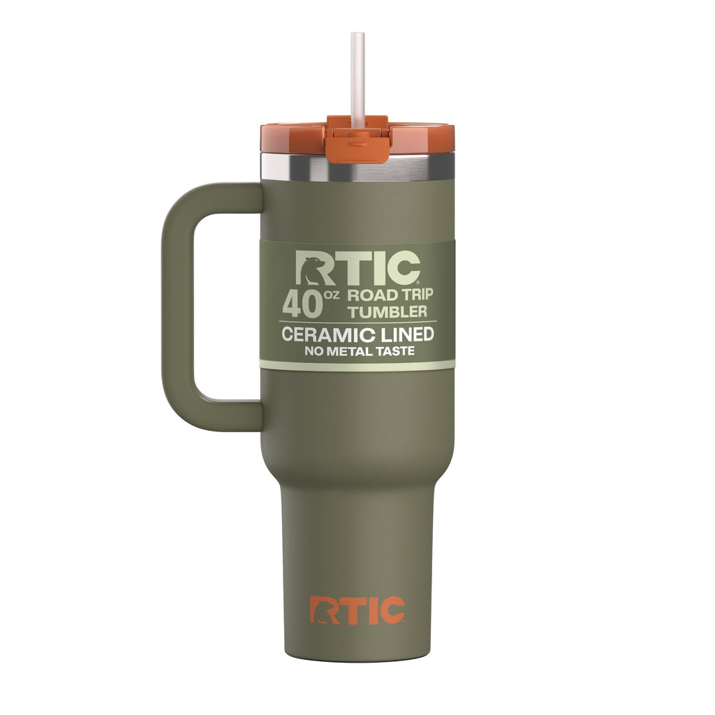 RTIC 40 oz Road Trip Tumbler Double-Walled Cermaic Lined Insulated Stainless Steel Portable Travel Coffee Mug Cup with Lid, Handle and Straw, Trailblazer