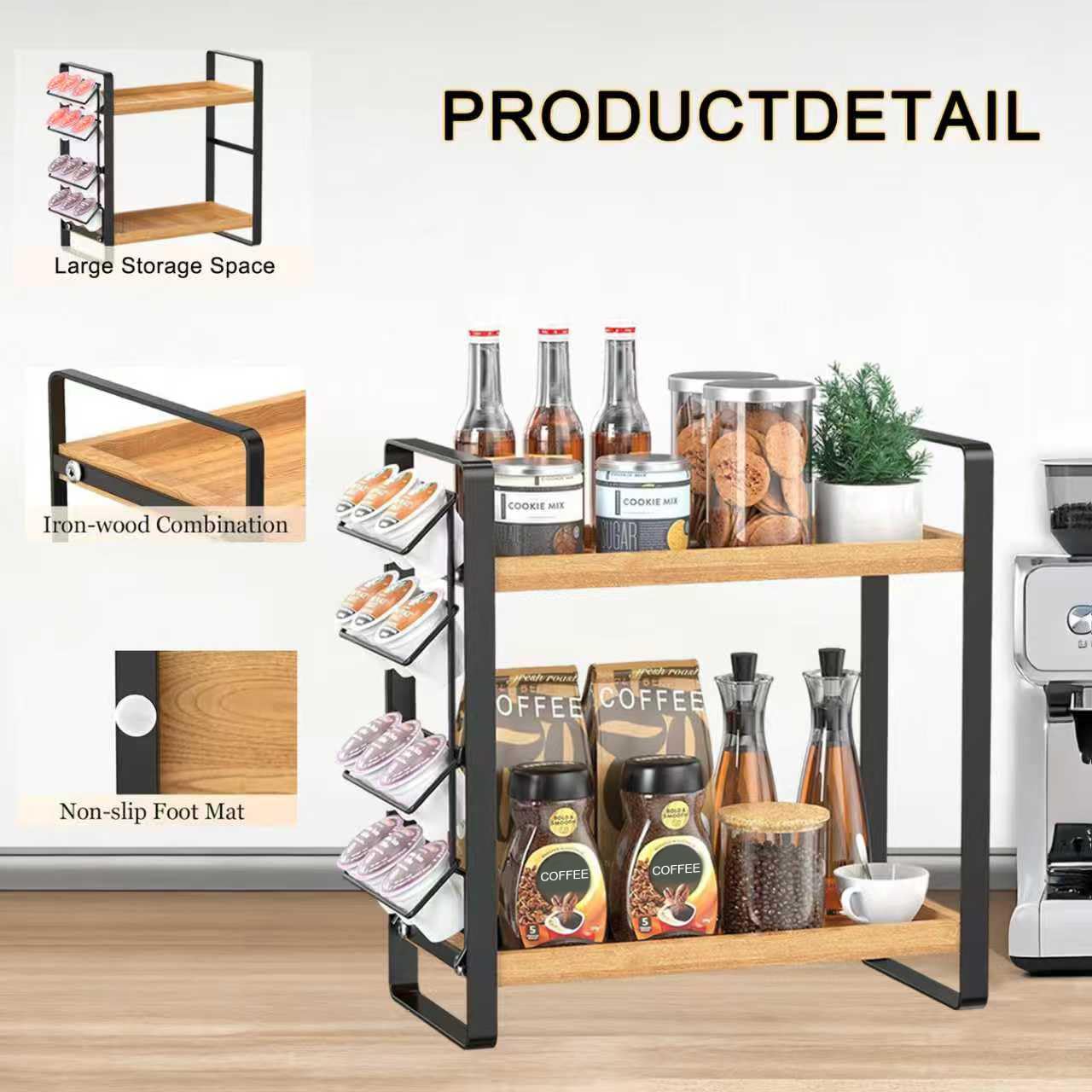 LEMIKKLE Coffee Station Organizer with Pod Holder and Drawer, Kitchen Countertop Organizer, Coffee Bar Accessories Station with Coffee Pod Storage, 2-Tier Wood Coffee Organizer With 6 Hooks