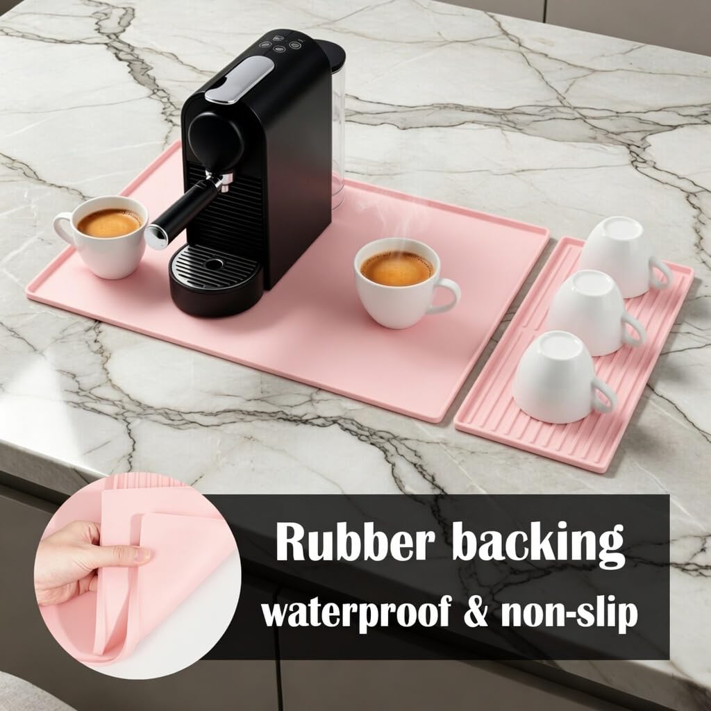 Silicone Coffee Bar Mat 24 x 16 in with Drying Tray, Classic Black | 24 x 16 in food-grade silicone mat for home/coffee bar; removable tray, raised rim, smooth base adds grip, heat insulation