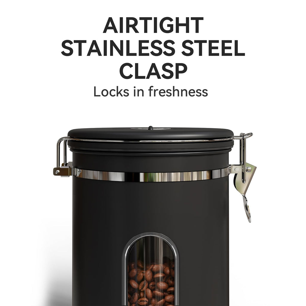 Veken Coffee Canister with Window,Airtight Stainless Steel Pantry Container,Home Kitchen Food Storage Organizers for Ground,Beans,Espresso,Rice,Tea,Sugar,Cereal, Decor,Bar Accessories,Gifts,22OZ,Black
