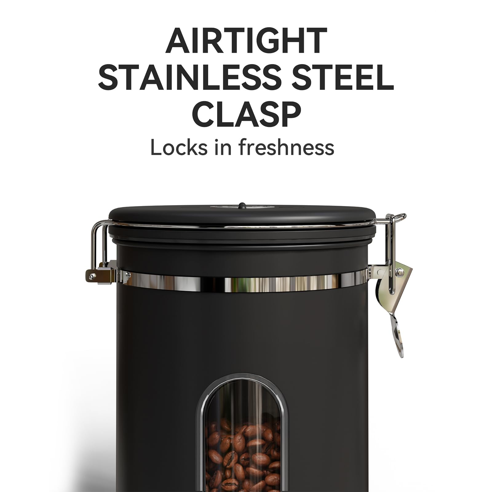 Veken Coffee Canister with Window,Airtight Stainless Steel Pantry Container,Home Kitchen Food Storage Organizers for Ground,Beans,Espresso,Rice,Tea,Sugar,Cereal, Decor,Bar Accessories,Gifts,22OZ,Black