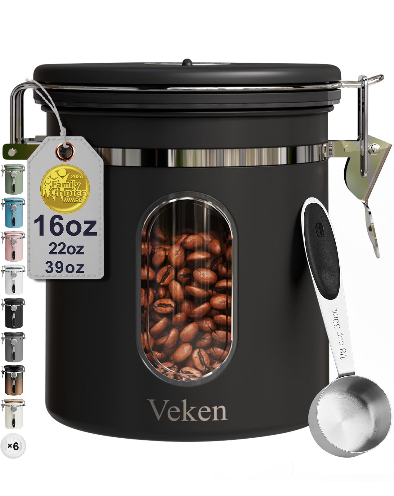 Veken Coffee Canister with Window,Airtight Stainless Steel Pantry Container,Kitchen Food Storage Organizers for Beans,Ground,Espresso,Rice,Tea,Sugar, Cereal, Bar Accessories,Gifts,Lids,Jars,22OZ,Black