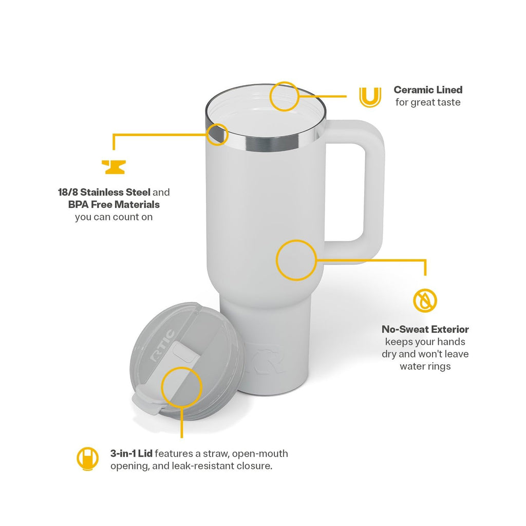 RTIC 40 oz Road Trip Tumbler Double-Walled Cermaic Lined Insulated Stainless Steel Portable Travel Coffee Mug Cup with Lid, Handle and Straw, Trailblazer