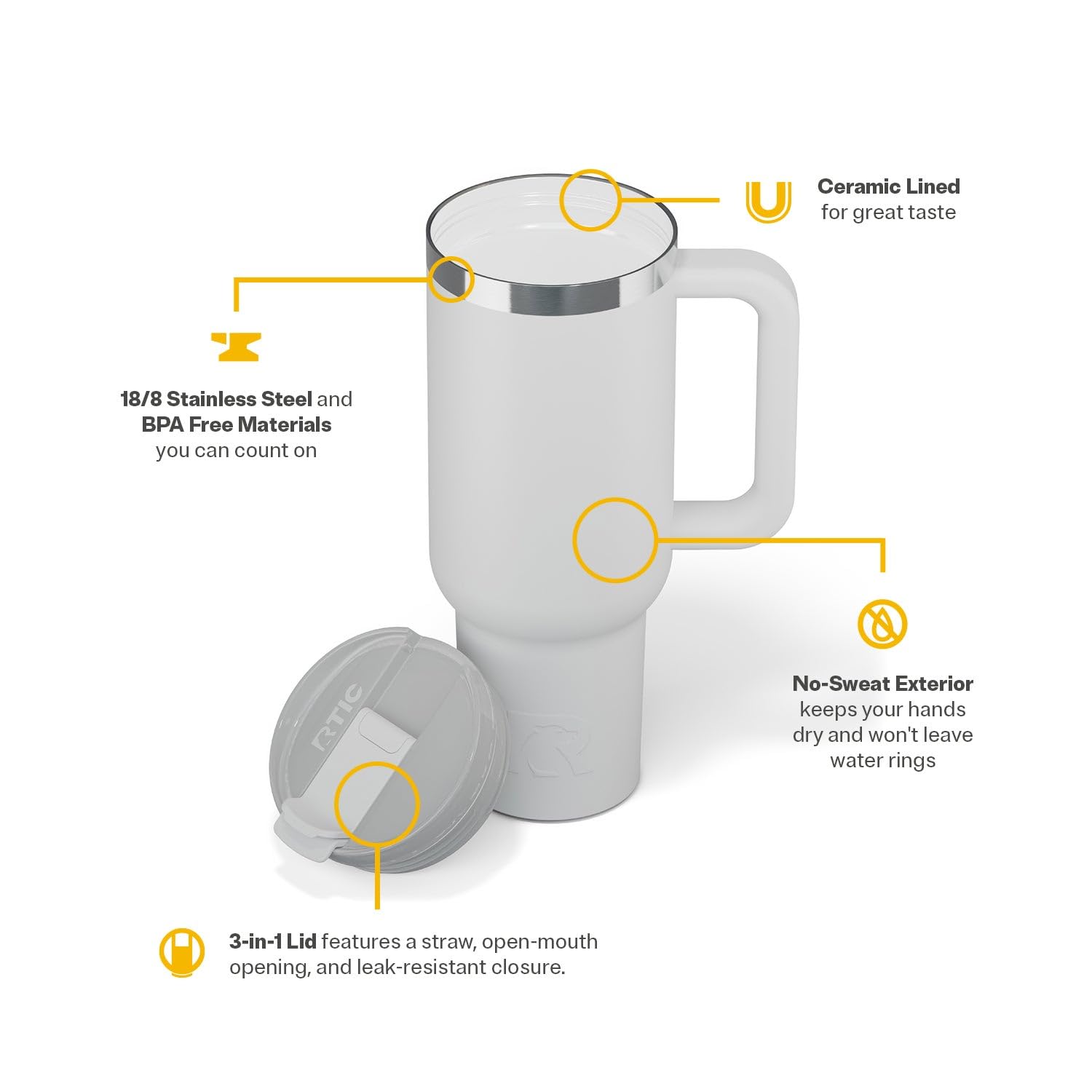 RTIC 40 oz Road Trip Tumbler Double-Walled Cermaic Lined Insulated Stainless Steel Portable Travel Coffee Mug Cup with Lid, Handle and Straw, Trailblazer