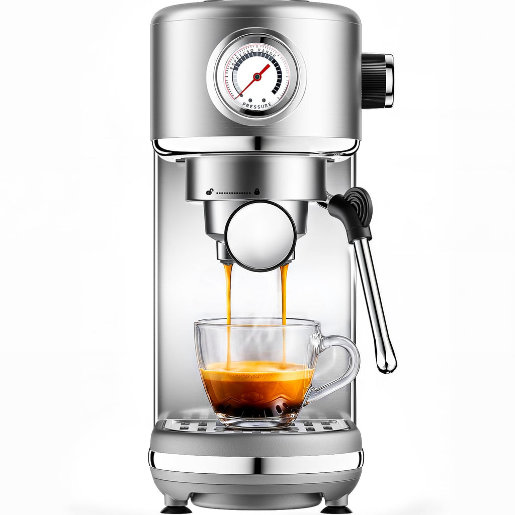 atatix Espresso Machine with Milk Frother, 20 Bar Pressure Espresso Maker, with 44OZ Removable Tank, Compact Stainless Steel Coffee Machine for Home, Office, Latte, Cappuccino, Macchiato, Silver