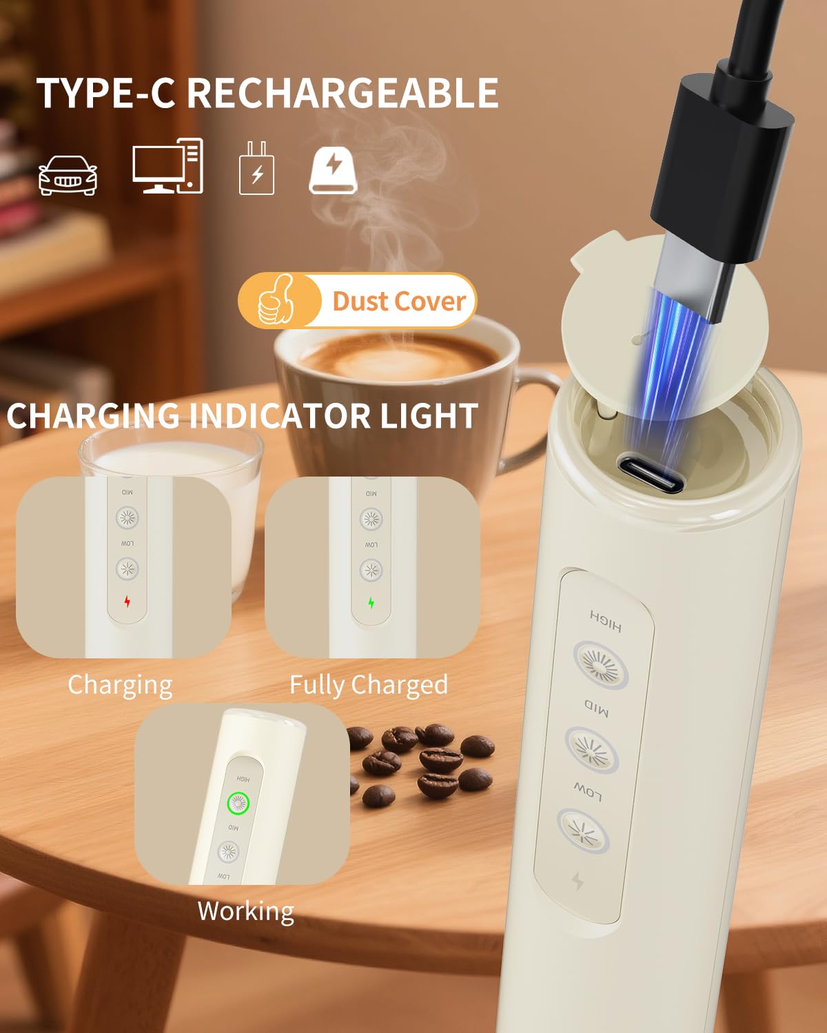 CIRCLE JOY Rechargeable Handheld Milk Frother Wand with 3 Variable Speeds, 3 Whisks and Storage Box, Electric Drink Mixer for Latte, Cappuccino, Hot Chocolate, Eggs and Protein Powder, Black