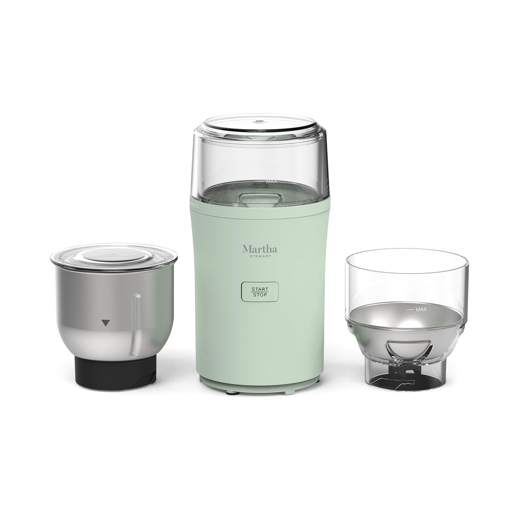 Martha Stewart Electric Coffee & Spice Grinder, Dual 2.5oz Removable Bowls, Storage Lids, Stainless Steel Blades, One Touch Pulse Control, 2-in-1 Compact, Beans & Spices, Herbs & Nuts, Honeydew Green