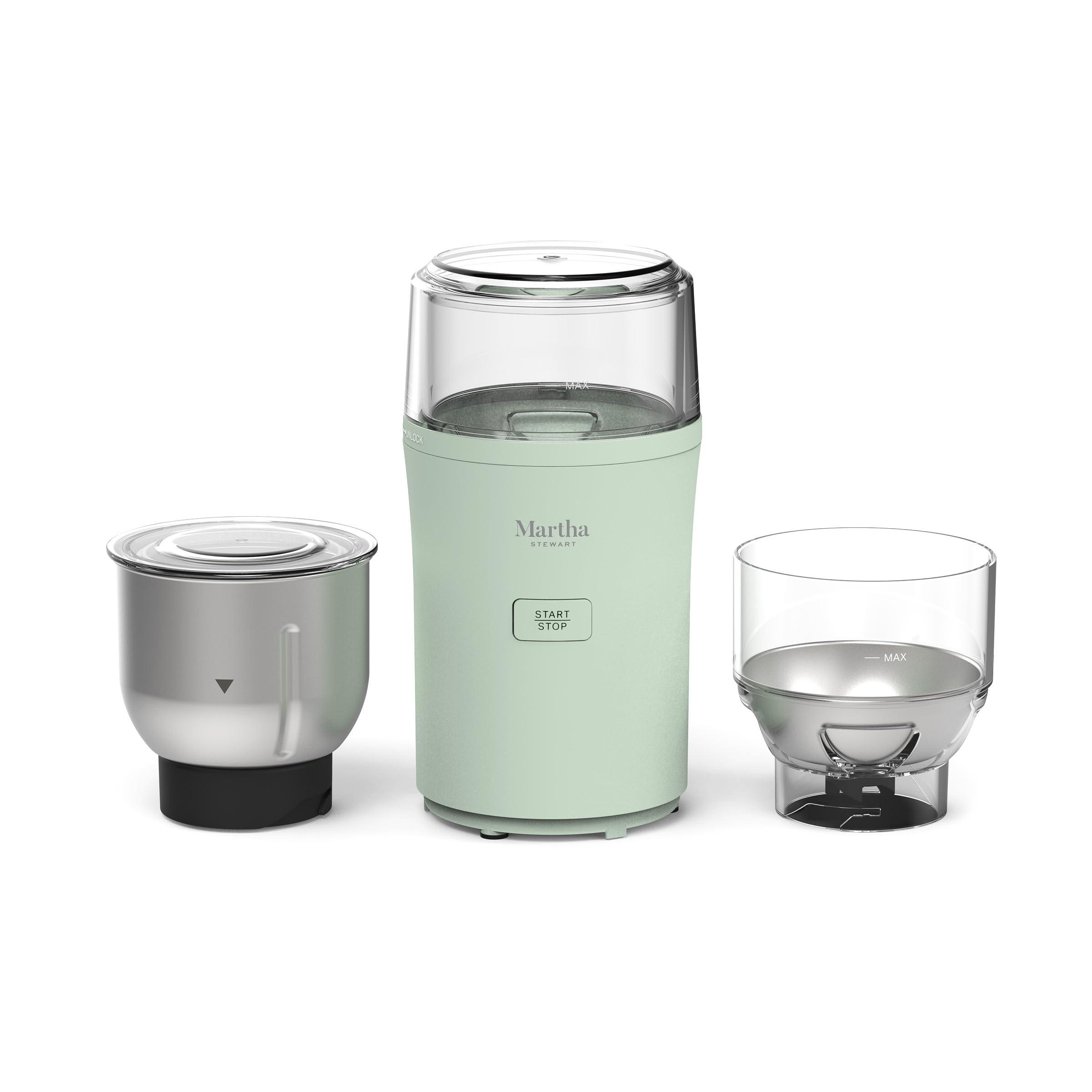 Martha Stewart Electric Coffee & Spice Grinder, Dual 2.5oz Removable Bowls, Storage Lids, Stainless Steel Blades, One Touch Pulse Control, 2-in-1 Compact, Beans & Spices, Herbs & Nuts, Honeydew Green