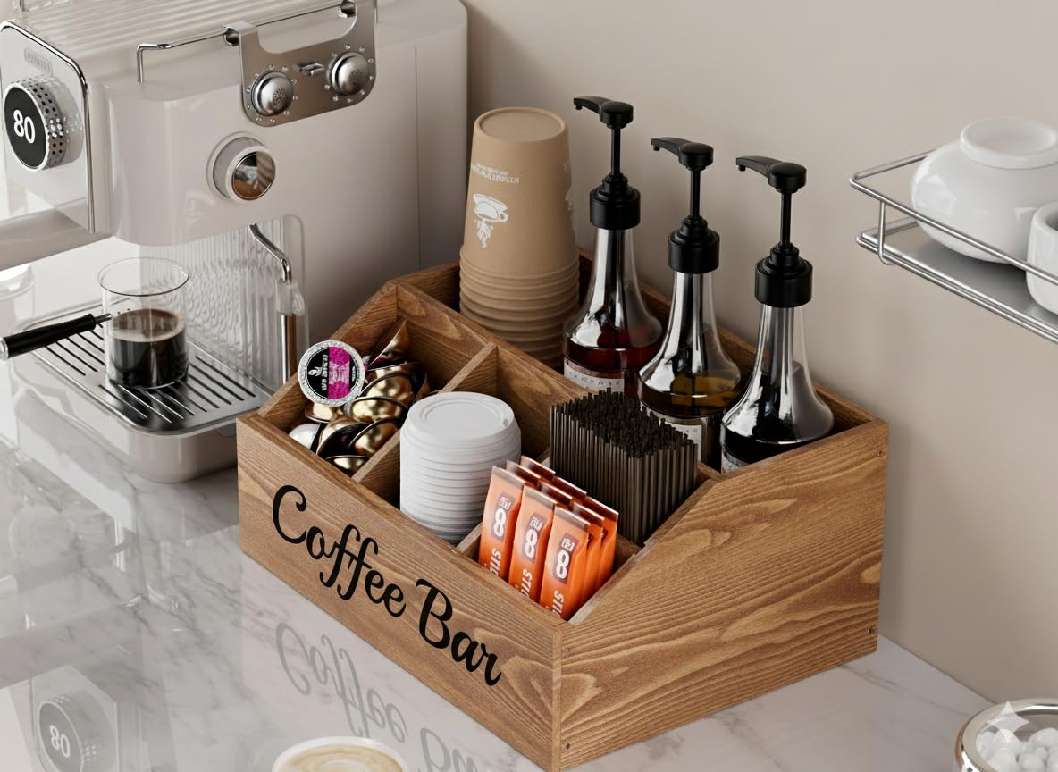 Coffee Station Organizer for Countertop – Wooden Coffee Bar Organizer with Adjustable Dividers,Holds K Cup Pod & syrup bottles, for Kitchen, Office, or Bar and Tea Station, Black