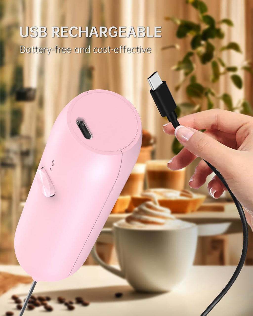 CIRCLE JOY Rechargeable Milk Frother Hanheld, Dual Coil Whisk Head Electric Coffee Frother, Portable Hand Frother Wand Drink Mixer for Matcha Lattes Cappuccino, Kitchen Gifts, Black