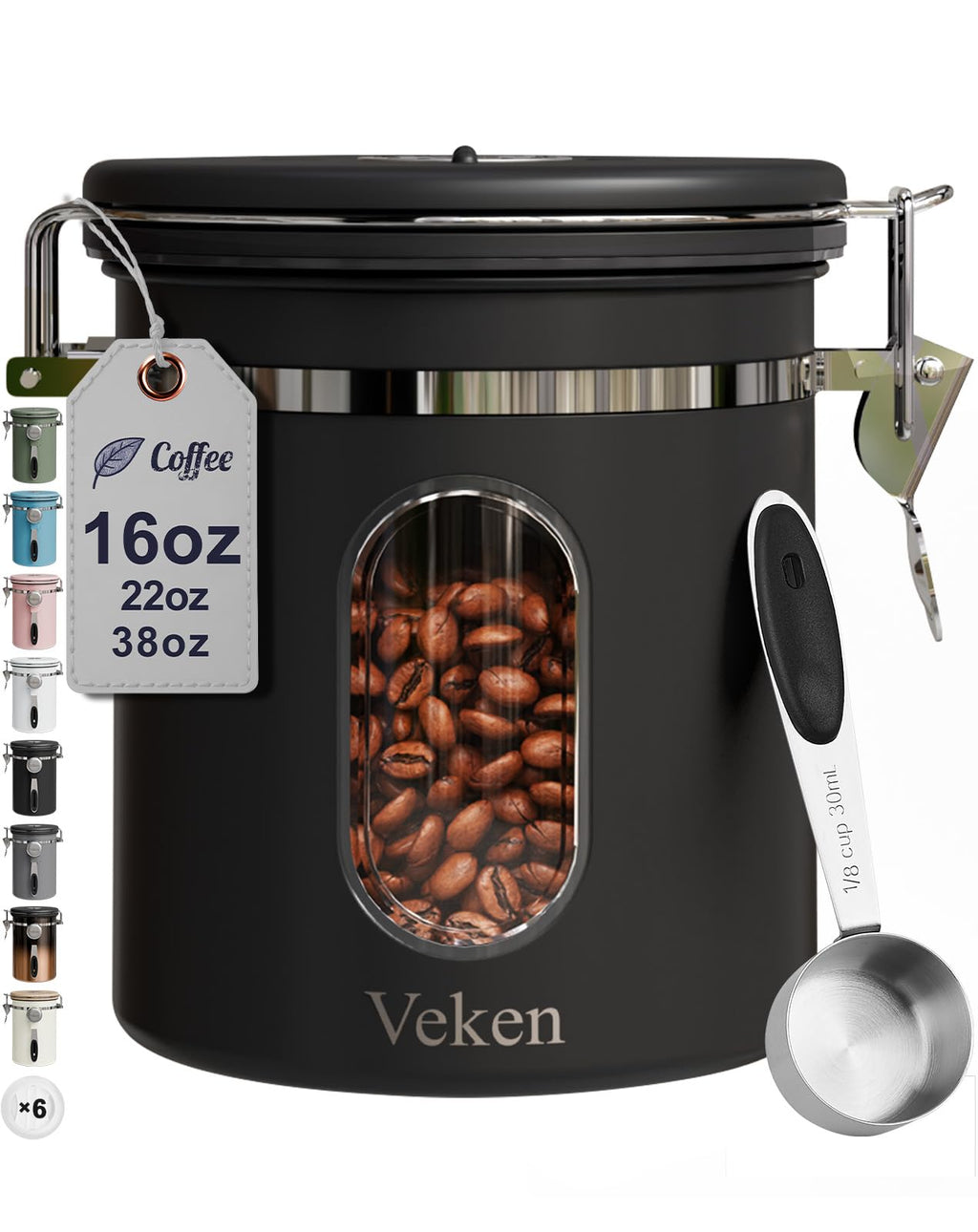 Veken Coffee Canister with Window,Airtight Stainless Steel Pantry Container,Home Kitchen Food Storage Organizers for Ground,Beans,Espresso,Rice,Tea,Sugar,Cereal, Decor,Bar Accessories,Gifts,22OZ,Black