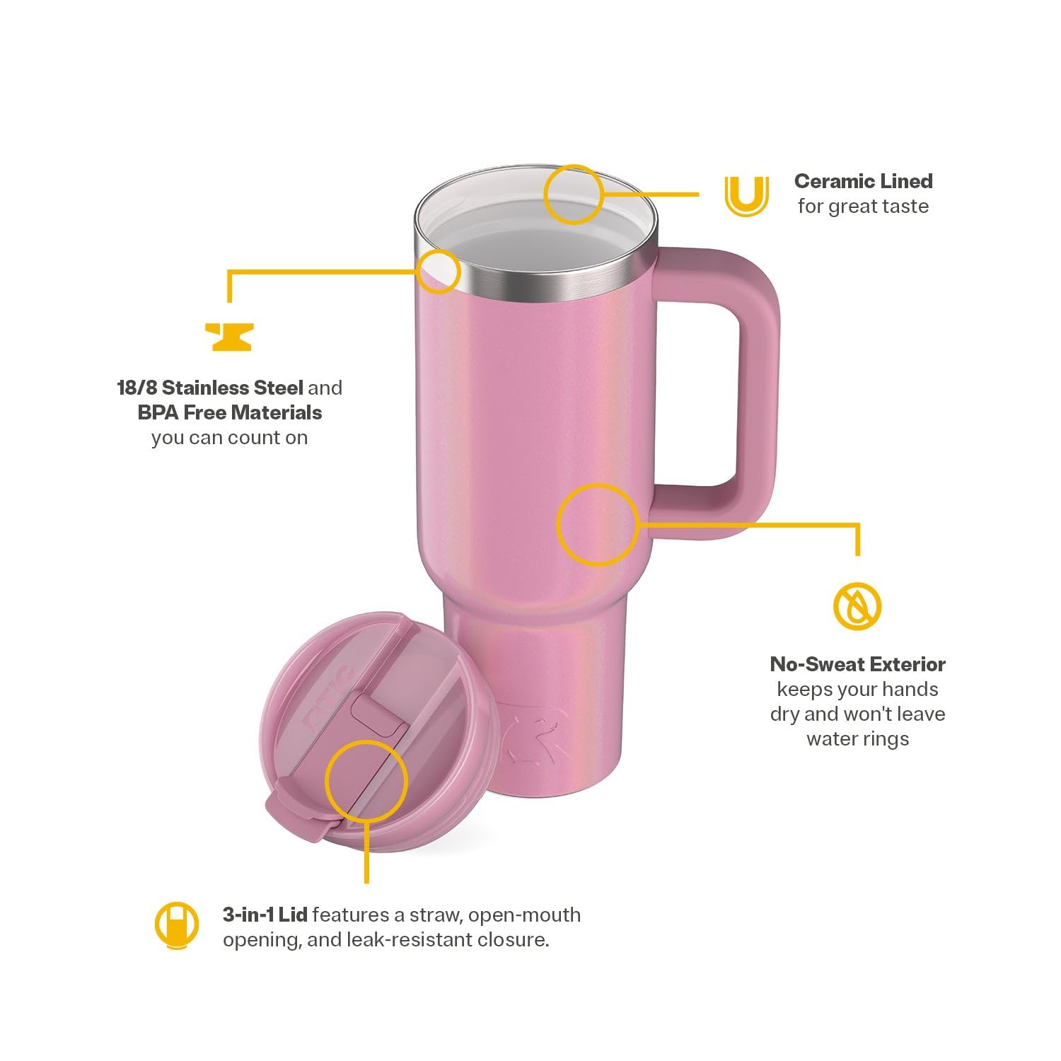 RTIC 40 oz Road Trip Tumbler Double-Walled Cermaic Lined Insulated Stainless Steel Portable Travel Coffee Mug Cup with Lid, Handle and Straw, Trailblazer