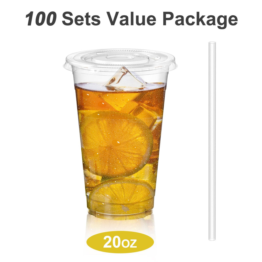 Dealusy 100 Pack - 20 oz Clear Plastic Cups with Lids, Sturdy & Food Safe Iced Coffee Cups with lids, Disposable Plastic Smoothie Cups for Cold Drinks, Sip Lids
