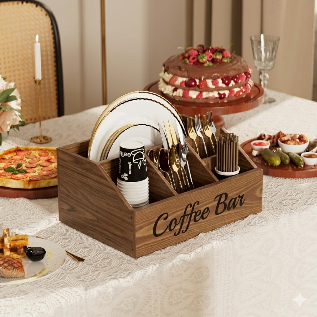 Coffee Station Organizer for Countertop – Wooden Coffee Bar Organizer with Adjustable Dividers,Holds K Cup Pod & syrup bottles, for Kitchen, Office, or Bar and Tea Station, Black