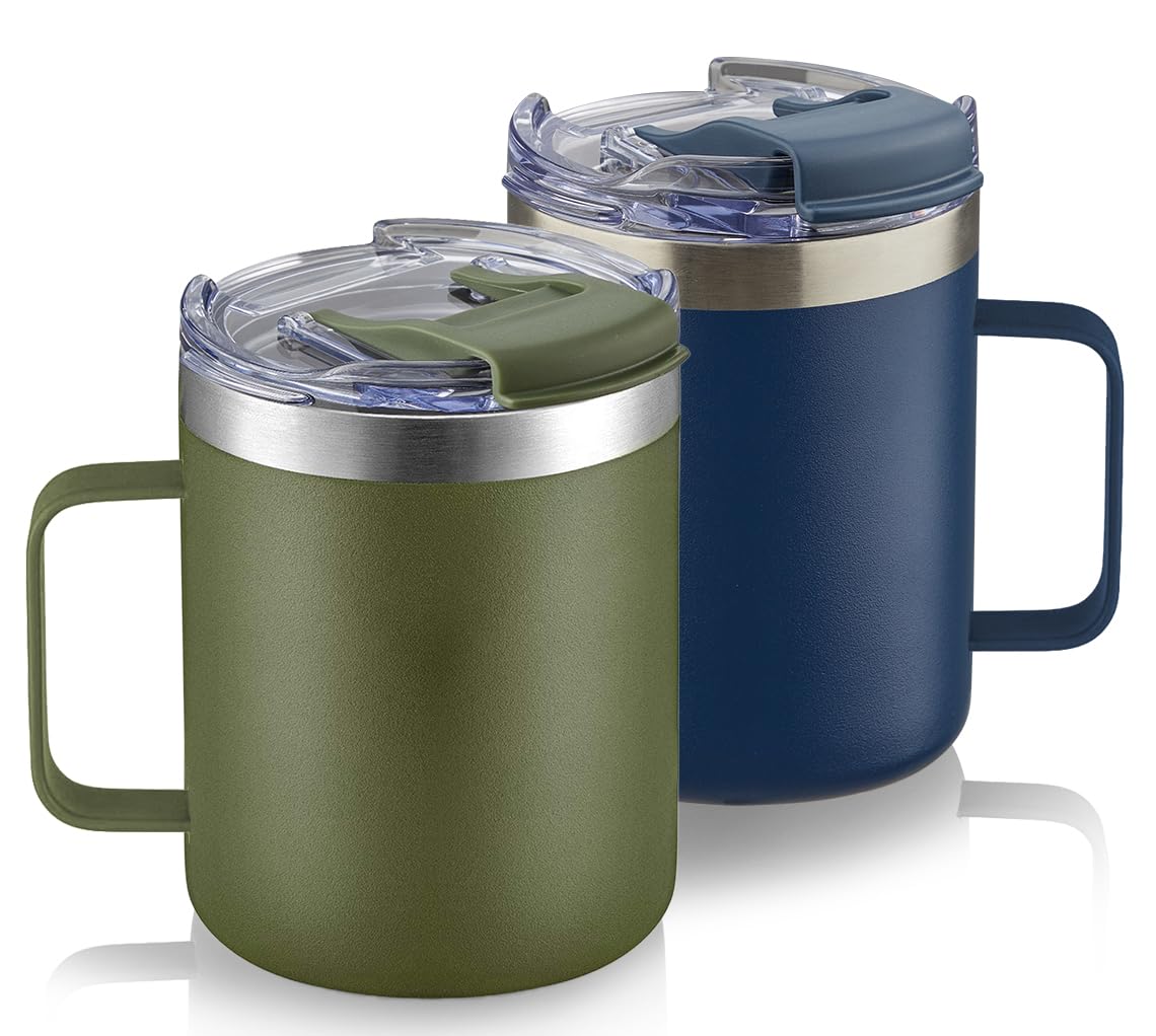 12oz Stainless Steel Insulated Coffee Mug with Handle, Double Wall Vacuum Travel Mug, Tumbler Cup with Sliding Lid, Navy