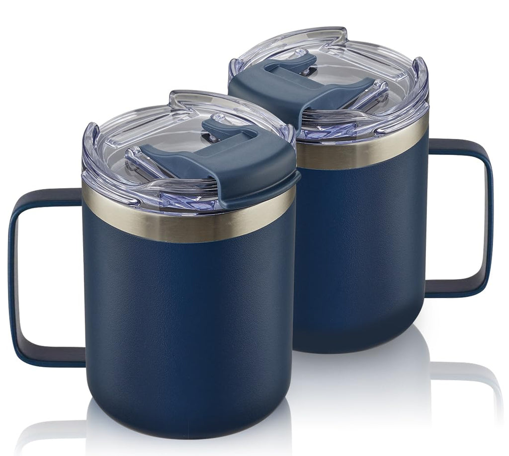 12oz Stainless Steel Insulated Coffee Mug with Handle, Double Wall Vacuum Travel Mug, Tumbler Cup with Sliding Lid, Navy