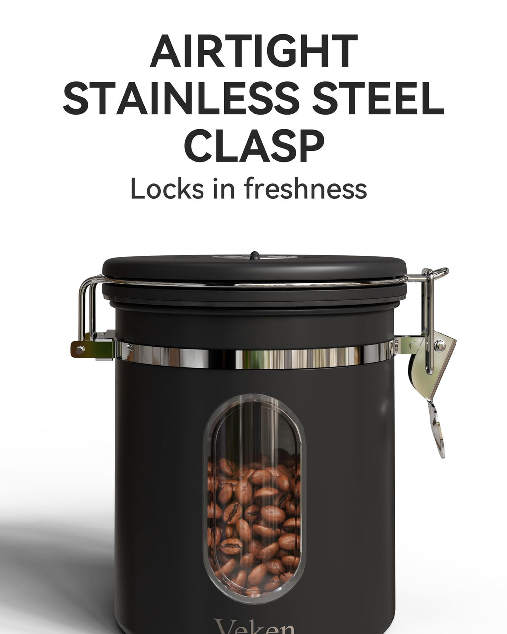 Veken Coffee Canister with Window,Airtight Stainless Steel Pantry Container,Home Kitchen Food Storage Organizers for Ground,Beans,Espresso,Rice,Tea,Sugar,Cereal, Decor,Bar Accessories,Gifts,22OZ,Black