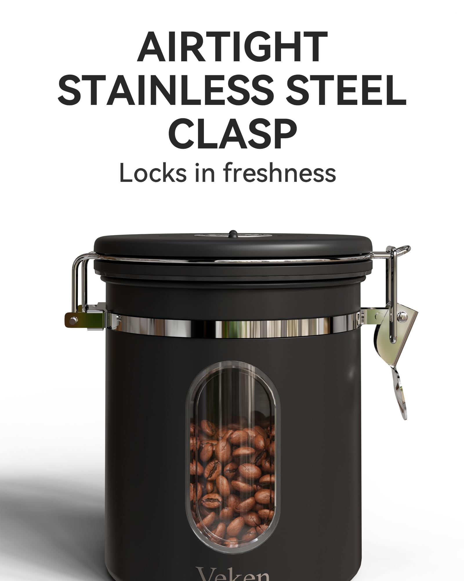 Veken Coffee Canister with Window,Airtight Stainless Steel Pantry Container,Home Kitchen Food Storage Organizers for Ground,Beans,Espresso,Rice,Tea,Sugar,Cereal, Decor,Bar Accessories,Gifts,22OZ,Black