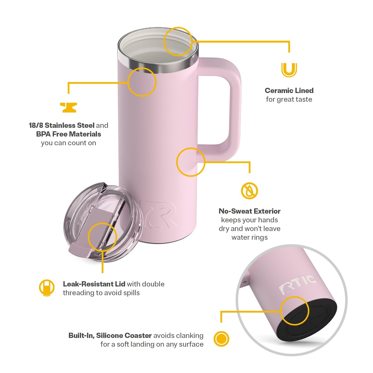 RTIC 20oz Road Trip Travel Mug with Lid and Handle, Ceramic Lined, Insulated, Stainless Steel, Metal, Double Wall Vacuum-Insulation, Portable Coffee, Tea Cup for Hot and Cold Drink, Black