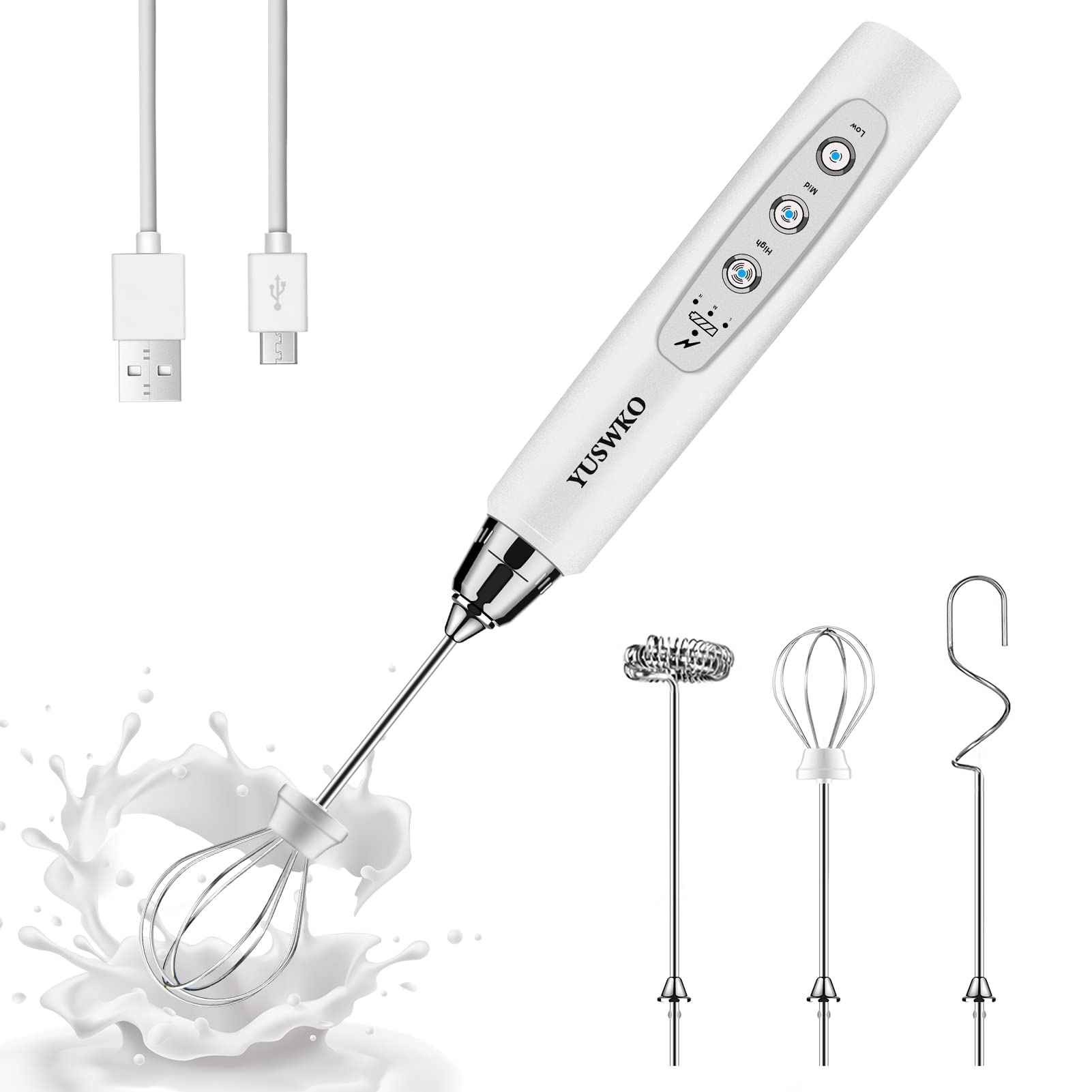YUSWKO Black Handheld Milk Frother Wand for Coffee, Rechargeable Electric Whisk with 3 Heads 3 Speeds Drink Mixer Coffee Frother For Latte, Cappuccino, Hot Chocolate, Egg