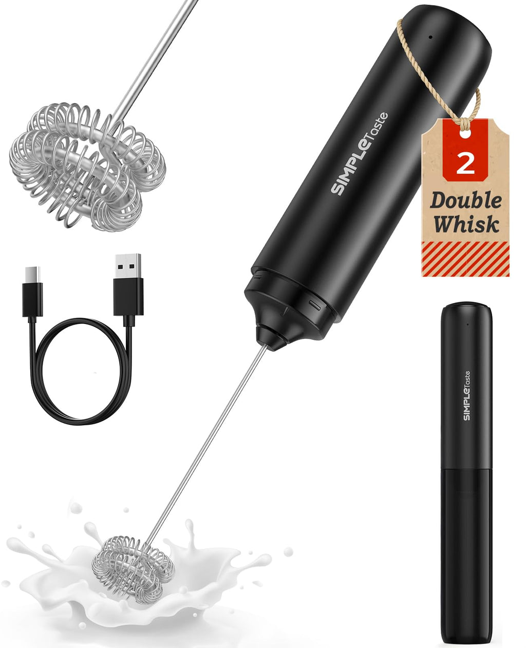 SIMPLETASTE Milk Frother Handheld Electric Foam Maker, Drink Mixer with Stainless Steel Whisk for Cappuccino, Bulletproof Coffee, Latte, Gray, with Stand, Battery Operated