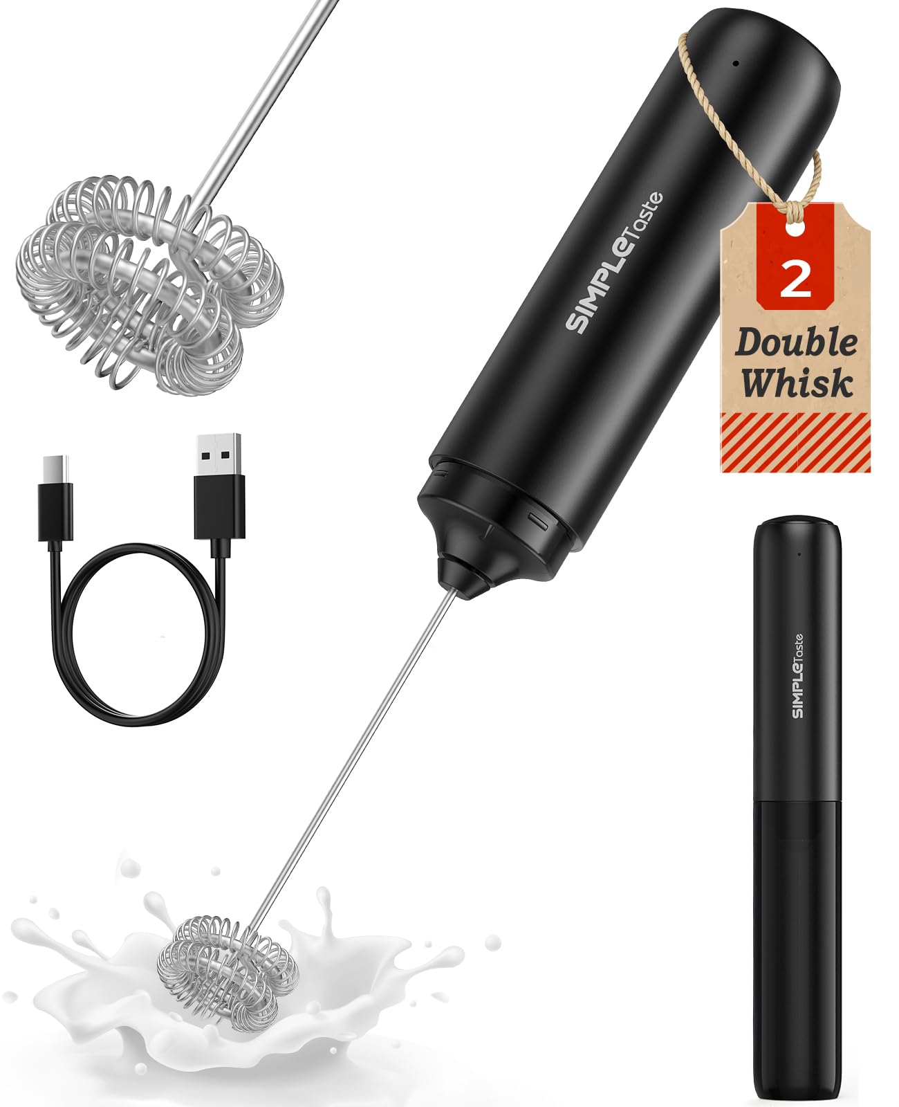 SIMPLETASTE Milk Frother Handheld Electric Foam Maker, Drink Mixer with Stainless Steel Whisk for Cappuccino, Bulletproof Coffee, Latte, Gray, with Stand, Battery Operated