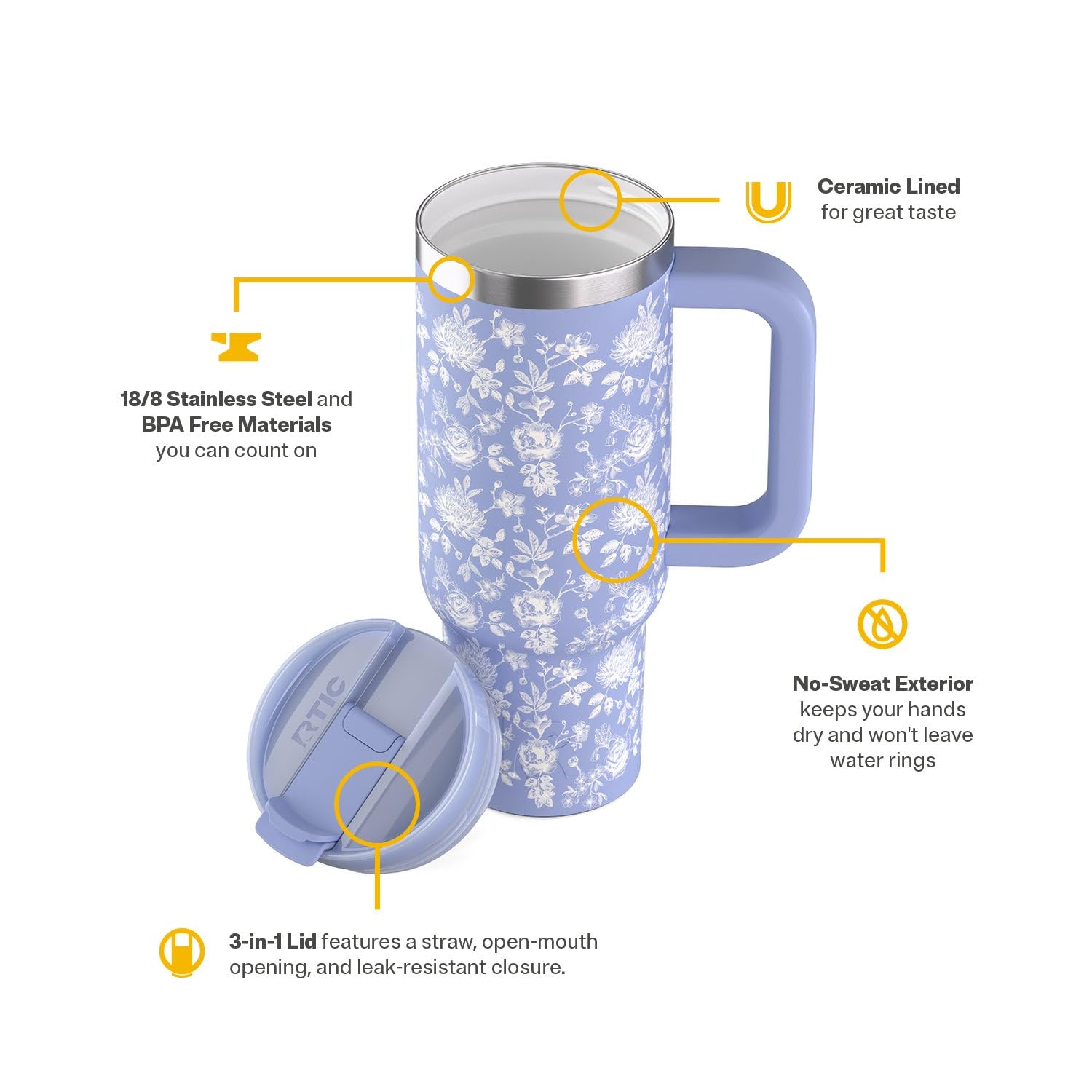 RTIC 40 oz Road Trip Tumbler Double-Walled Cermaic Lined Insulated Stainless Steel Portable Travel Coffee Mug Cup with Lid, Handle and Straw, Trailblazer