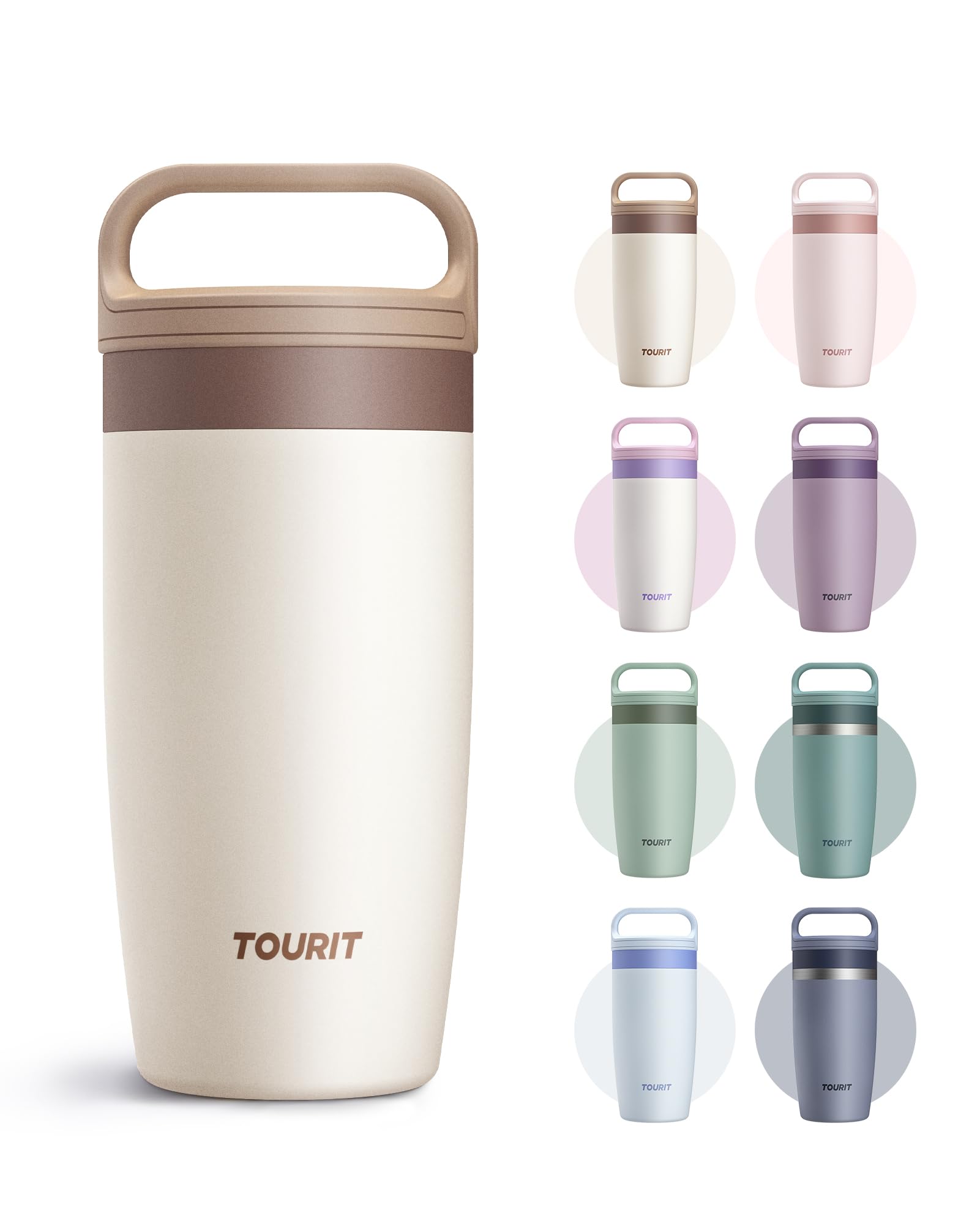 TOURIT Travel Coffee Mug 16 oz, Leakproof 2-Part Drink Lid Coffee Tumbler Cup, Insulated Stainless Steel Travel Mug, Dishwasher Safe Reusable Water Bottle, BPA-Free Coffee Mug,Off-White