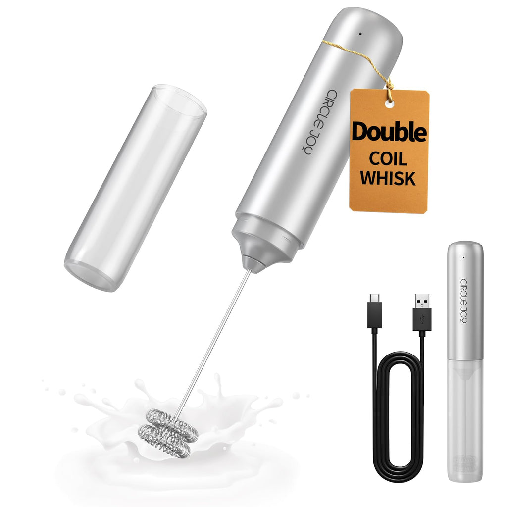 CIRCLE JOY Rechargeable Milk Frother Hanheld, Dual Coil Whisk Head Electric Coffee Frother, Portable Hand Frother Wand Drink Mixer for Matcha Lattes Cappuccino, Kitchen Gifts, Black