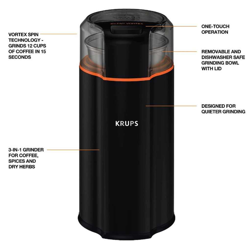 KRUPS Precision Electric Coffee Grinders, 3 oz Capacity, 200W Motor, Stainless Steel Blades for Uniform Grinding of Beans, Herb and Nuts, Coffee and Spice Grinder Electric, (Black)