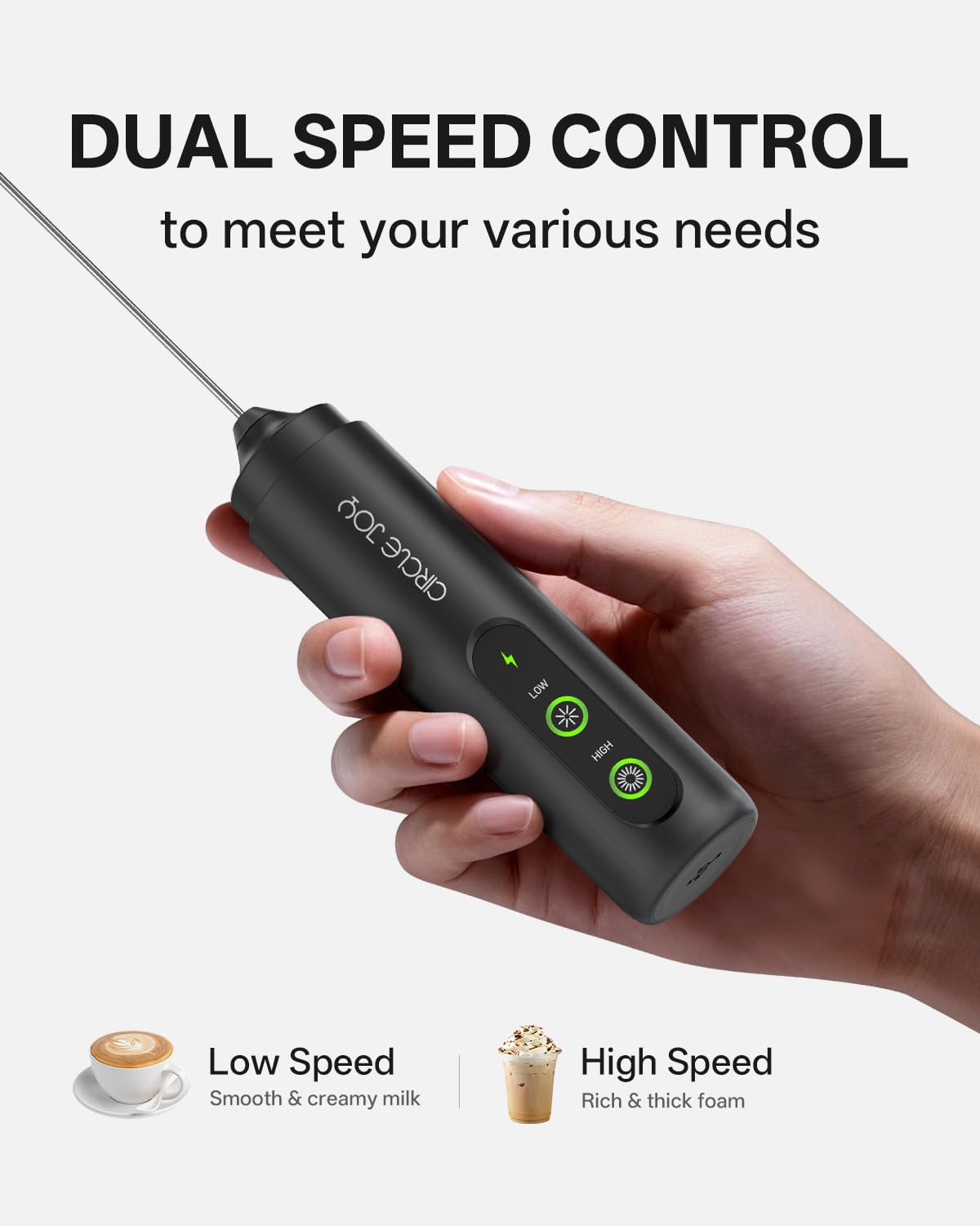 CIRCLE JOY Rechargeable Milk Frother Hanheld, Dual Coil Whisk Head Electric Coffee Frother, Portable Hand Frother Wand Drink Mixer for Matcha Lattes Cappuccino, Kitchen Gifts, Black