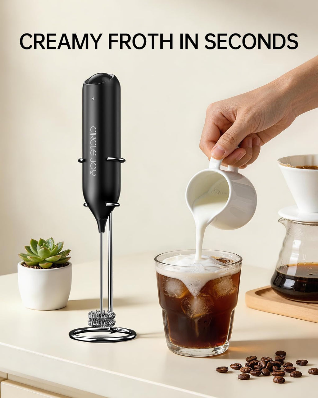 CIRCLE JOY Rechargeable Milk Frother Hanheld, Dual Coil Whisk Head Electric Coffee Frother, Portable Hand Frother Wand Drink Mixer for Matcha Lattes Cappuccino, Kitchen Gifts, Black
