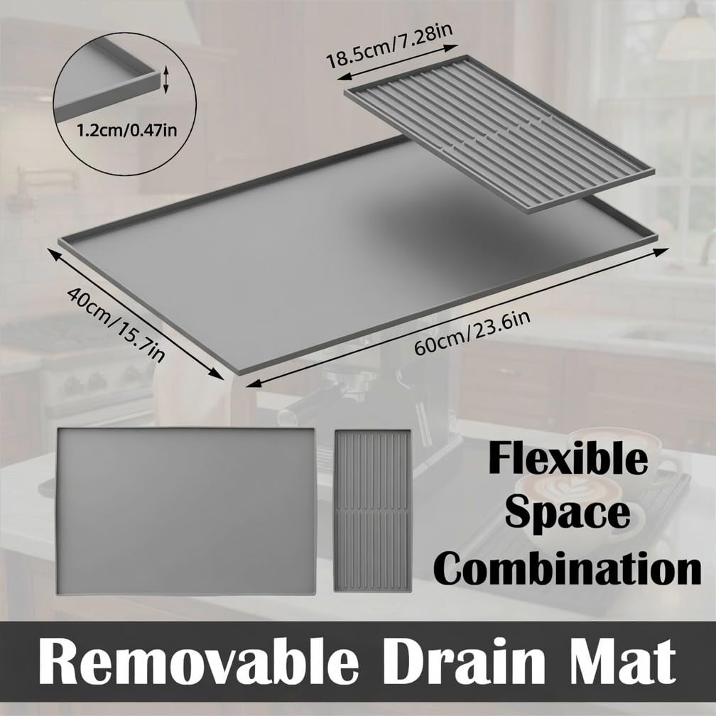 Silicone Coffee Bar Mat 24 x 16 in with Drying Tray, Classic Black | 24 x 16 in food-grade silicone mat for home/coffee bar; removable tray, raised rim, smooth base adds grip, heat insulation