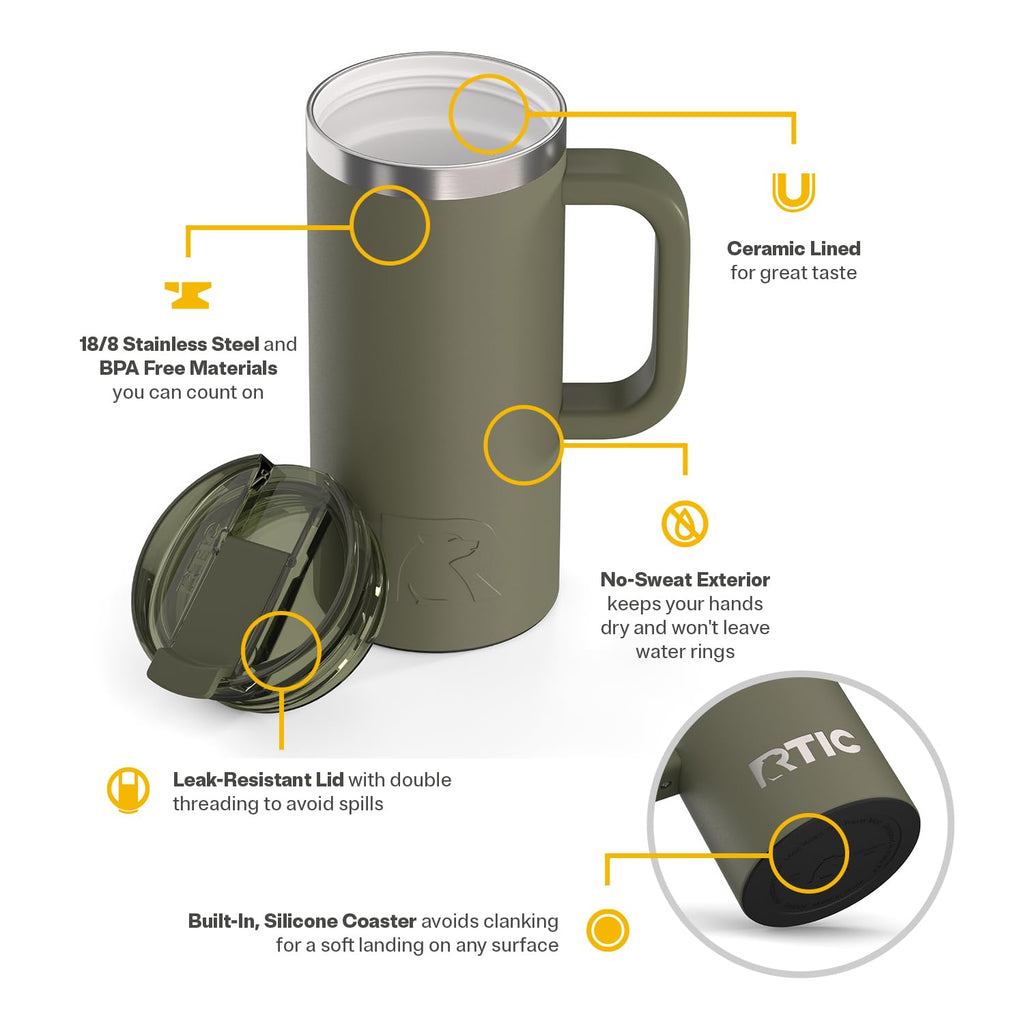 RTIC 20oz Road Trip Travel Mug with Lid and Handle, Ceramic Lined, Insulated, Stainless Steel, Metal, Double Wall Vacuum-Insulation, Portable Coffee, Tea Cup for Hot and Cold Drink, Black